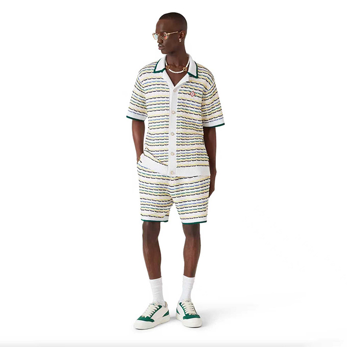 casablanca textured stripe knit camp collar short sleeve shirt & shorts